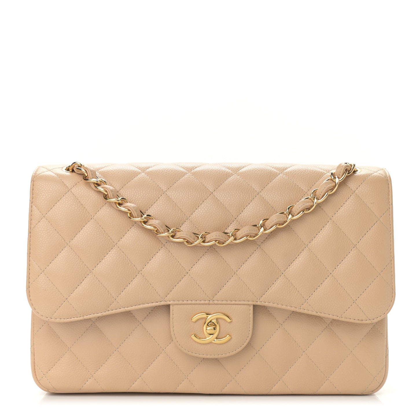 Caviar Quilted Jumbo Double Flap Beige