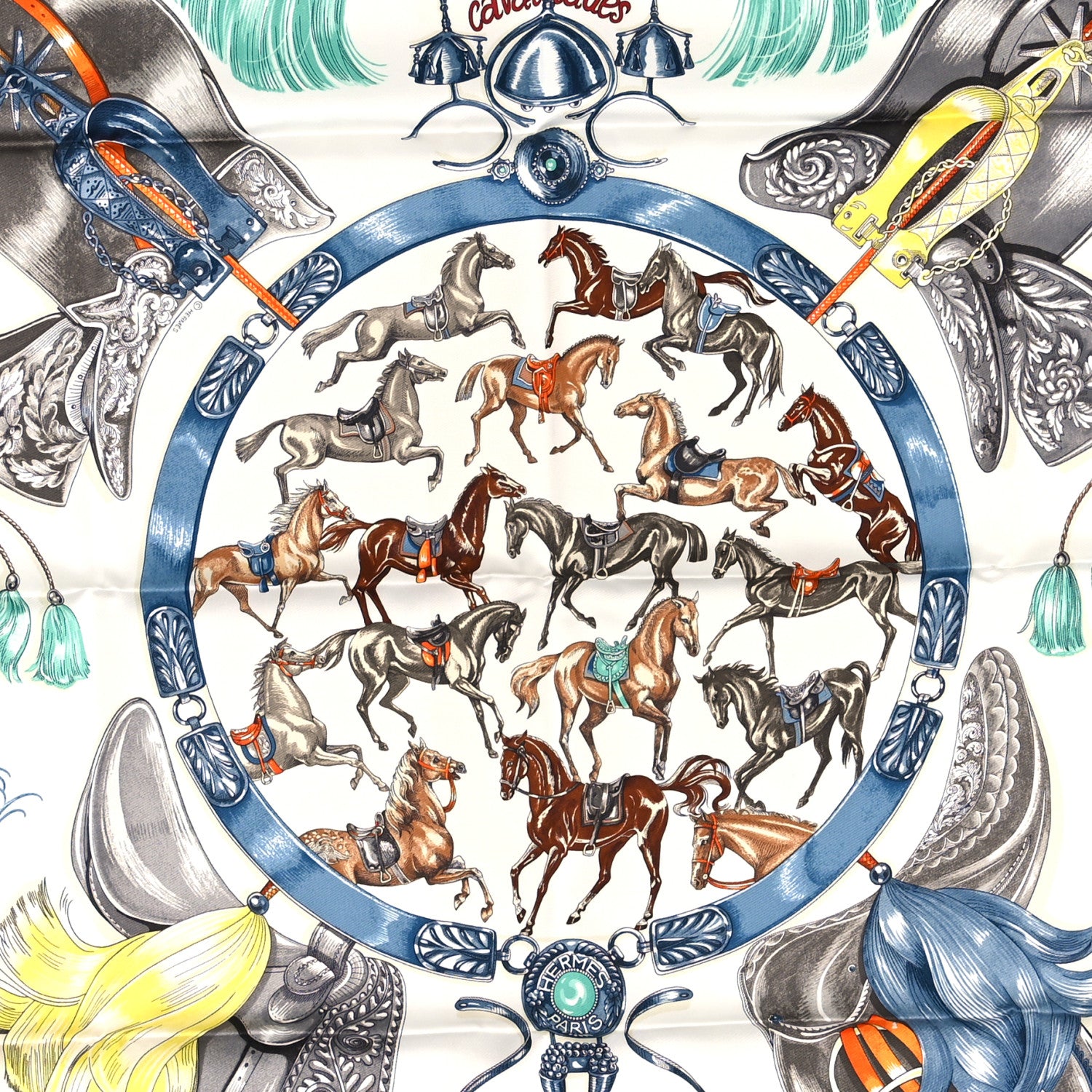 Hermes Silk Cavalcades Scarf 90 White Bleu Jean Vert 2 of 4