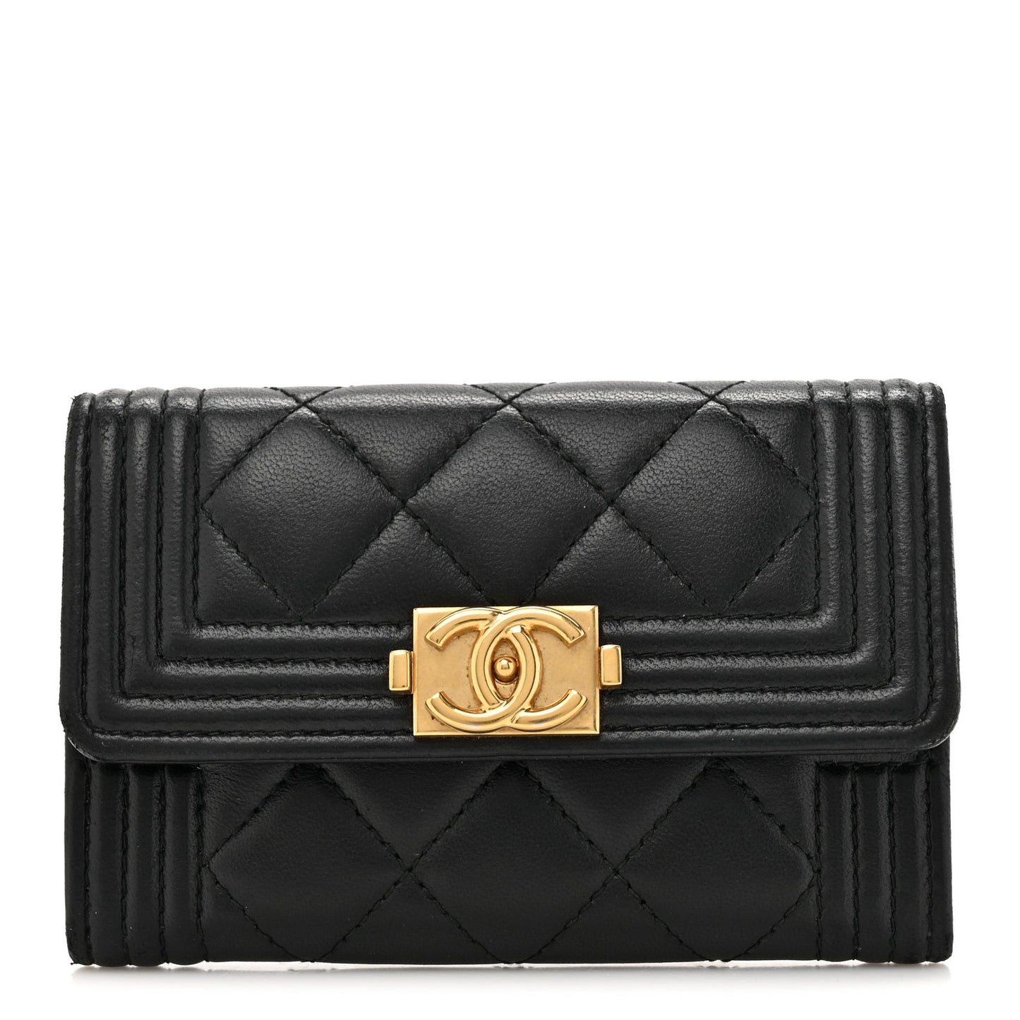 Lambskin Quilted Boy Flap Card Holder Black