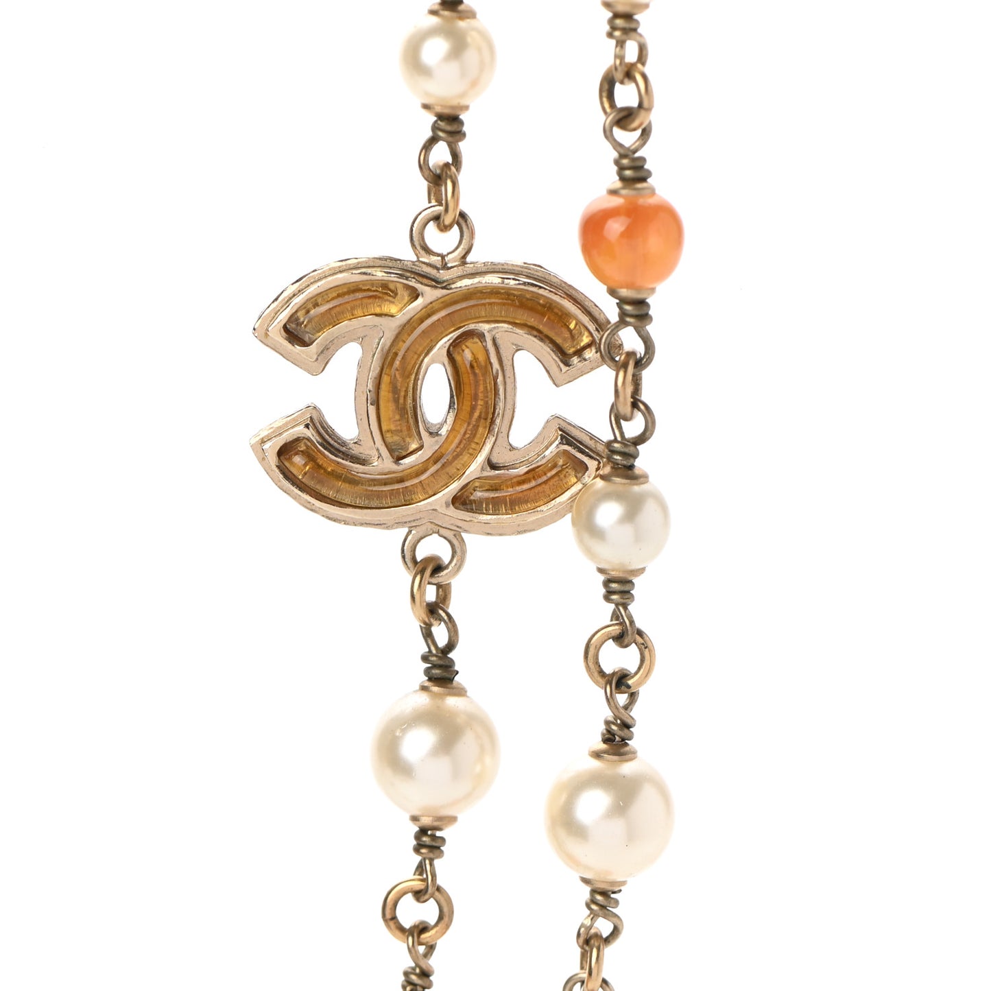 Enamel Bead Pearl CC Long Necklace Brown Silver