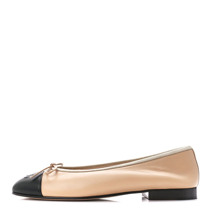 Chanel Lambskin Cap Toe CC Ballerina Flats 37 Beige Black 1 of 9