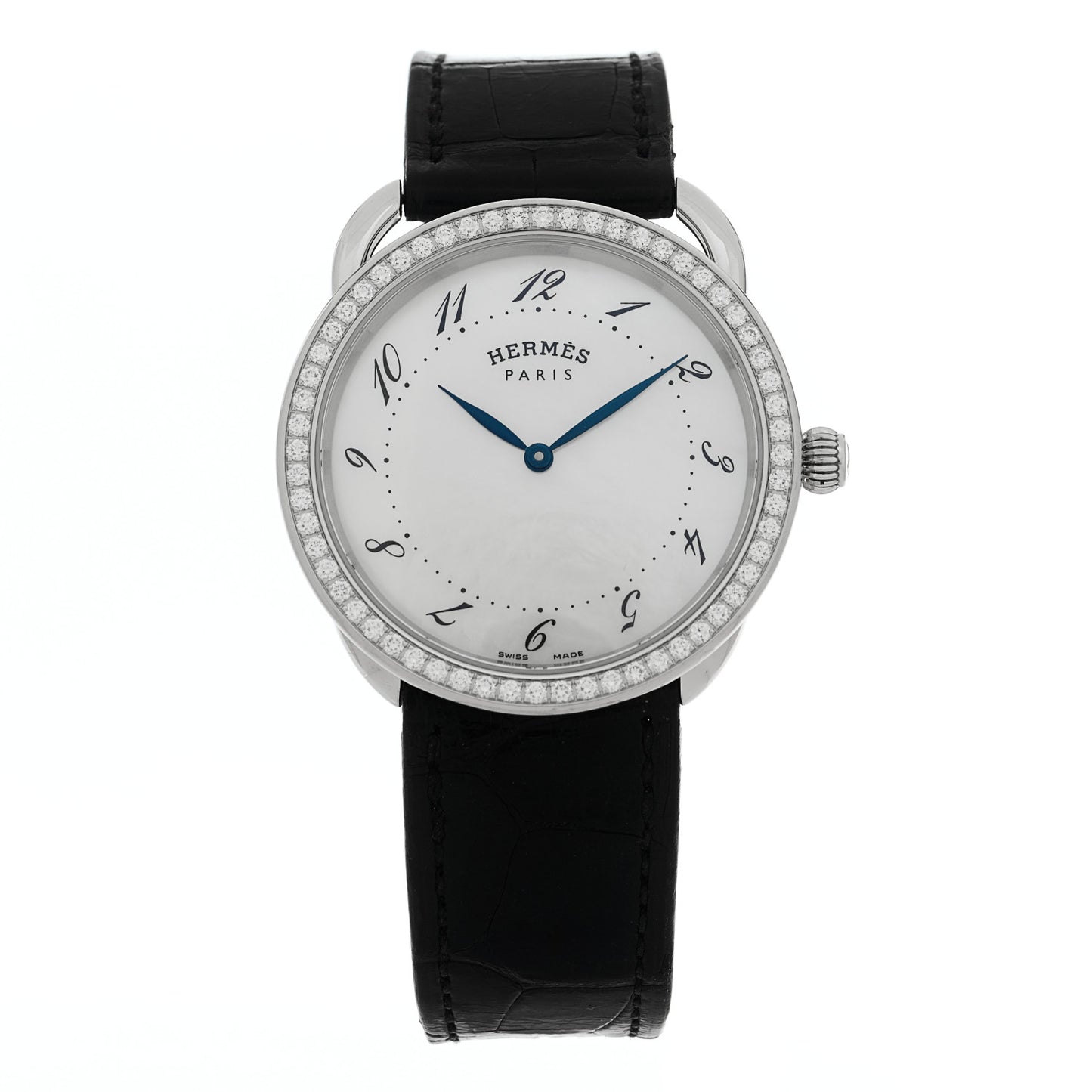 Stainless Steel Alligator Diamond Bezel Mother of Pearl 38mm Arceau Quartz Watch Noir