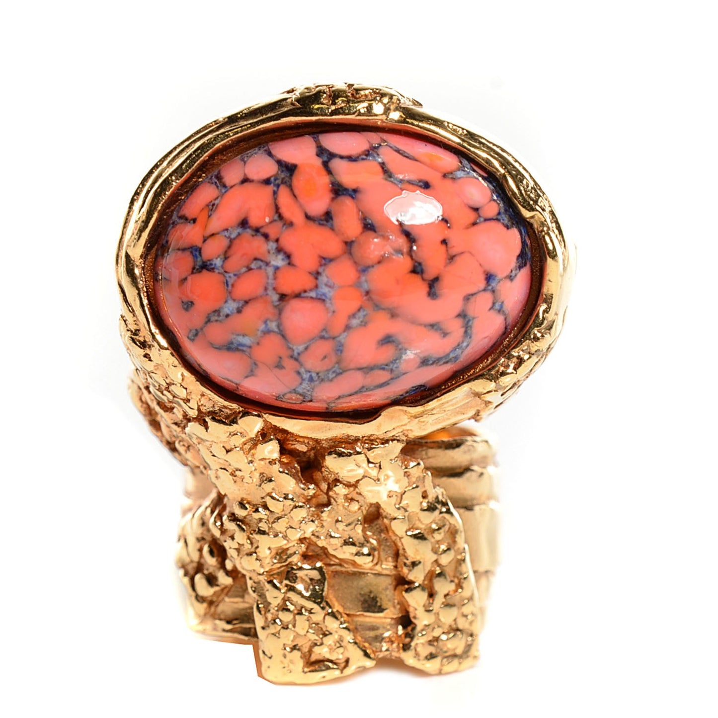 Glass Cabochon Arty Ovale Ring 7 Gold Coral