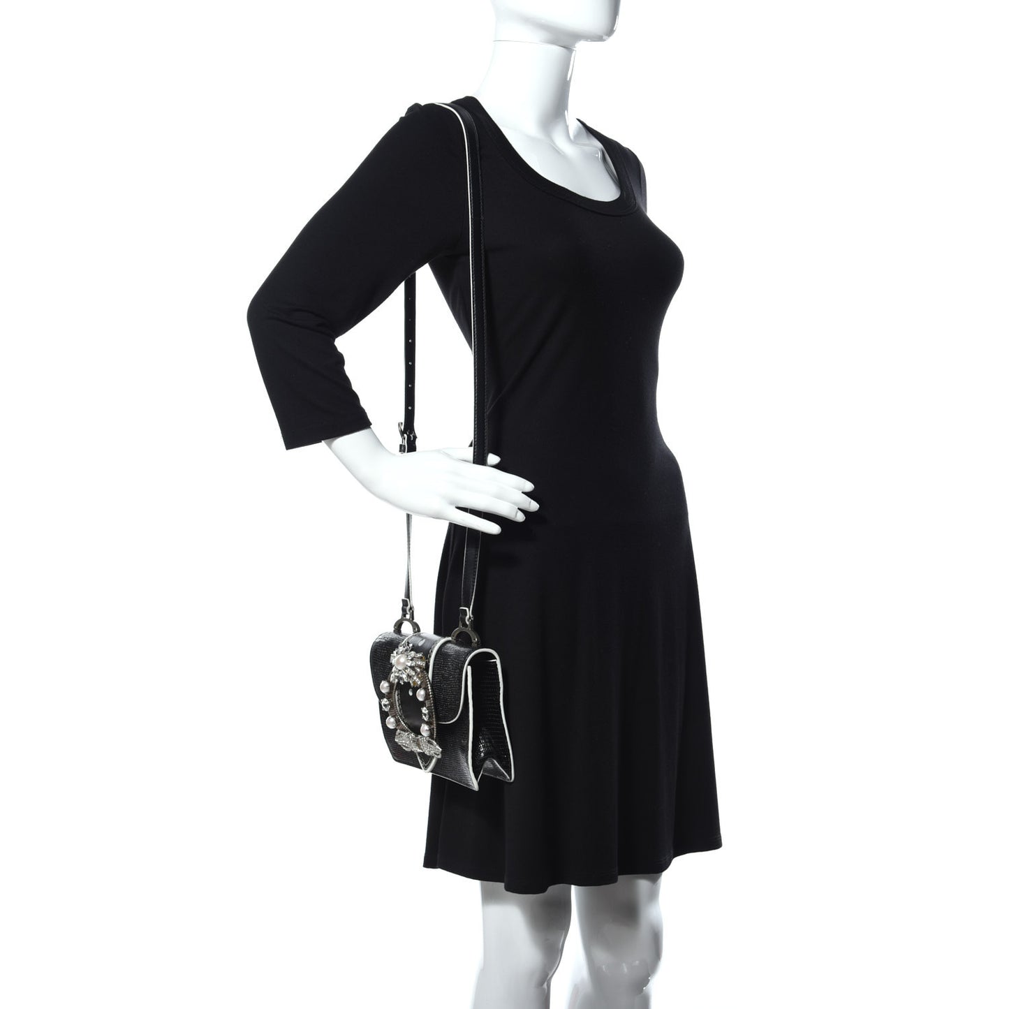 Embossed Lizard Calfskin Crystal Embellished Saint Lucertola Shoulder Bag Black