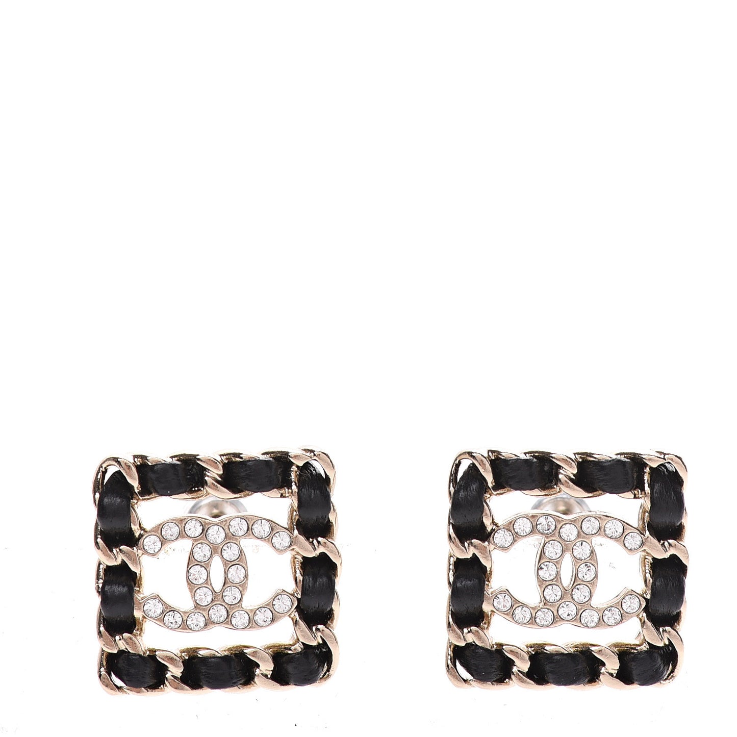 Crystal Lambskin Chain Sergeant Stud Earrings Black Gold