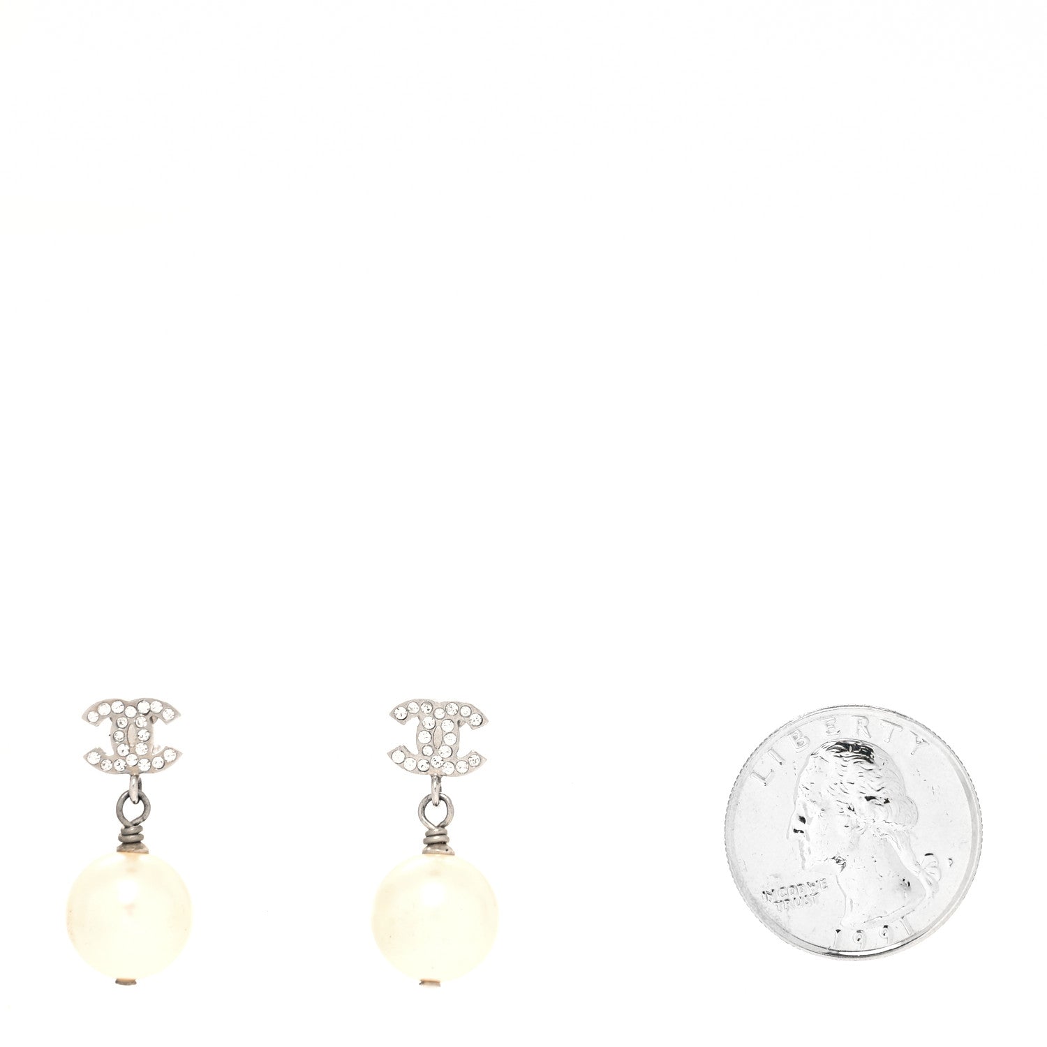 Chanel Crystal Pearl CC Drop Earrings Silver Pearly White 2 of 4