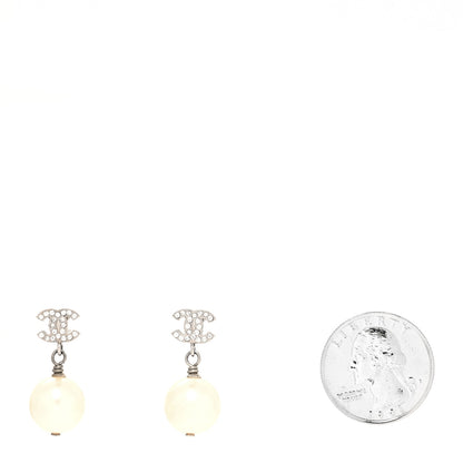 Chanel Crystal Pearl CC Drop Earrings Silver Pearly White 2 of 4