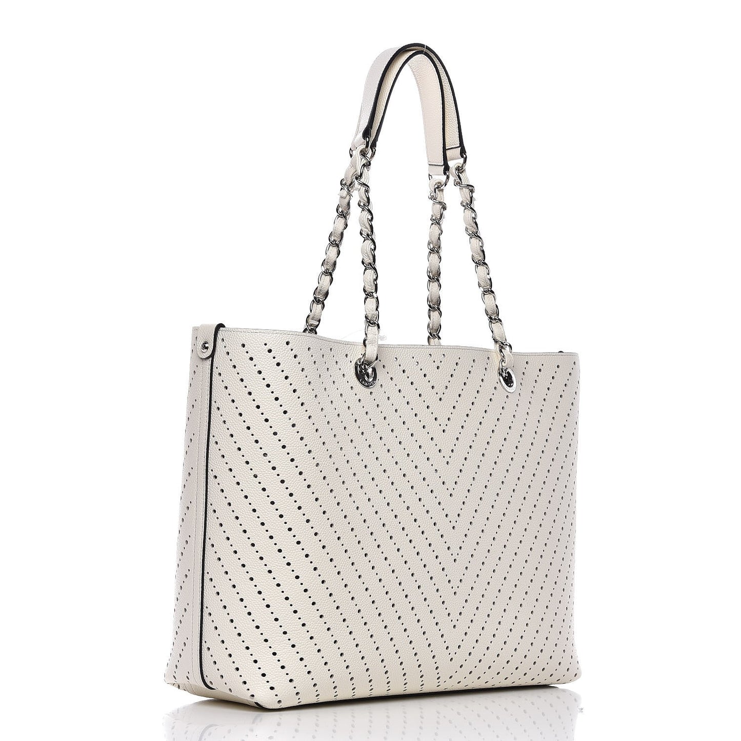 Perforated Grained Calfskin Large Shopping Tote White