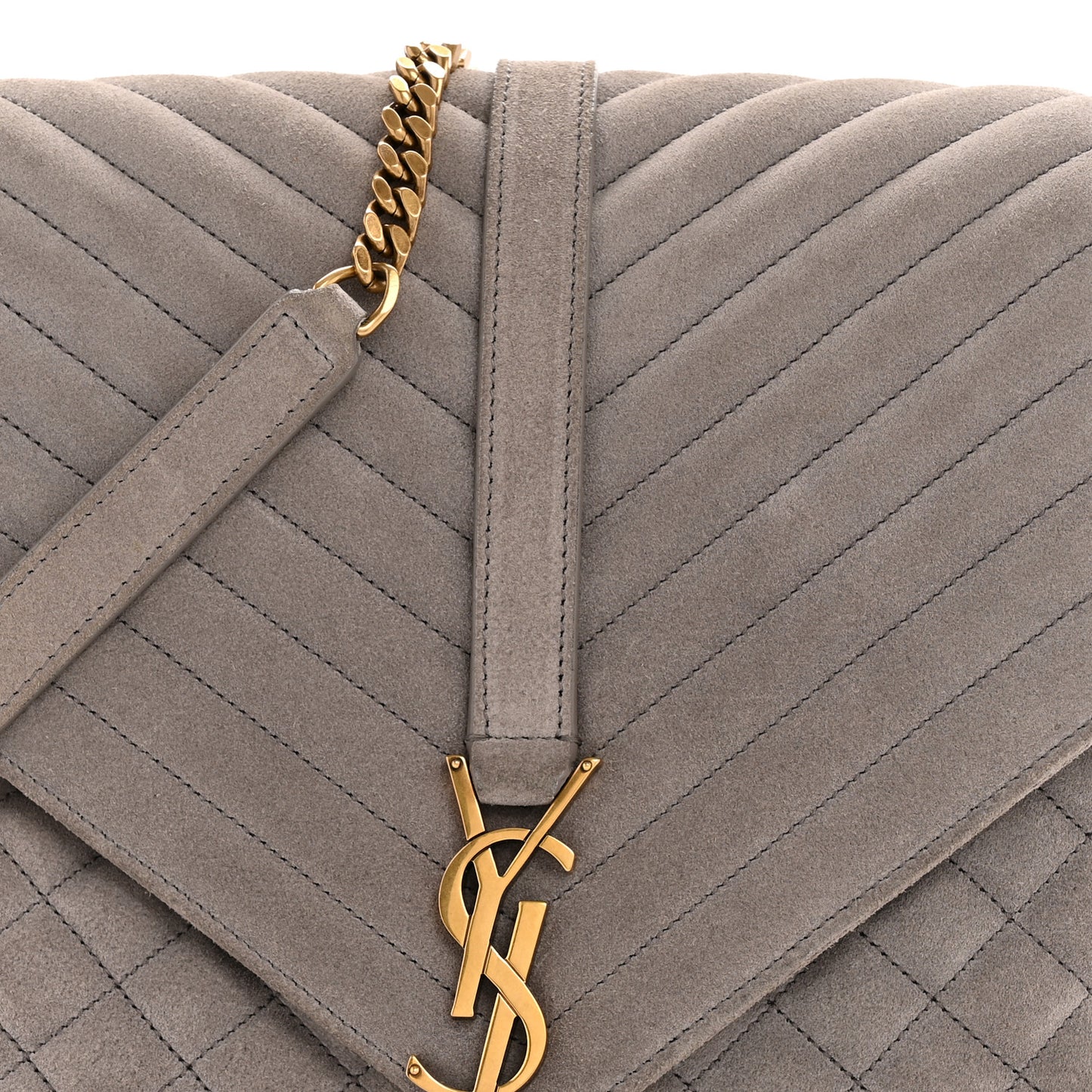 Suede Mixed Matelasse Tri-Quilt Large Monogram Envelope Satchel Grey