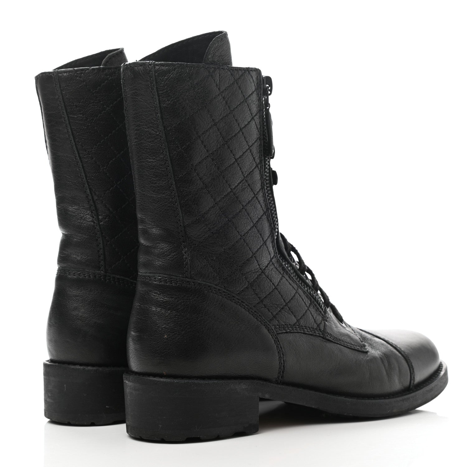 Chanel Sheepskin Quilted CC Tall Lace Up Combat Boots 38 Black 4 of 10