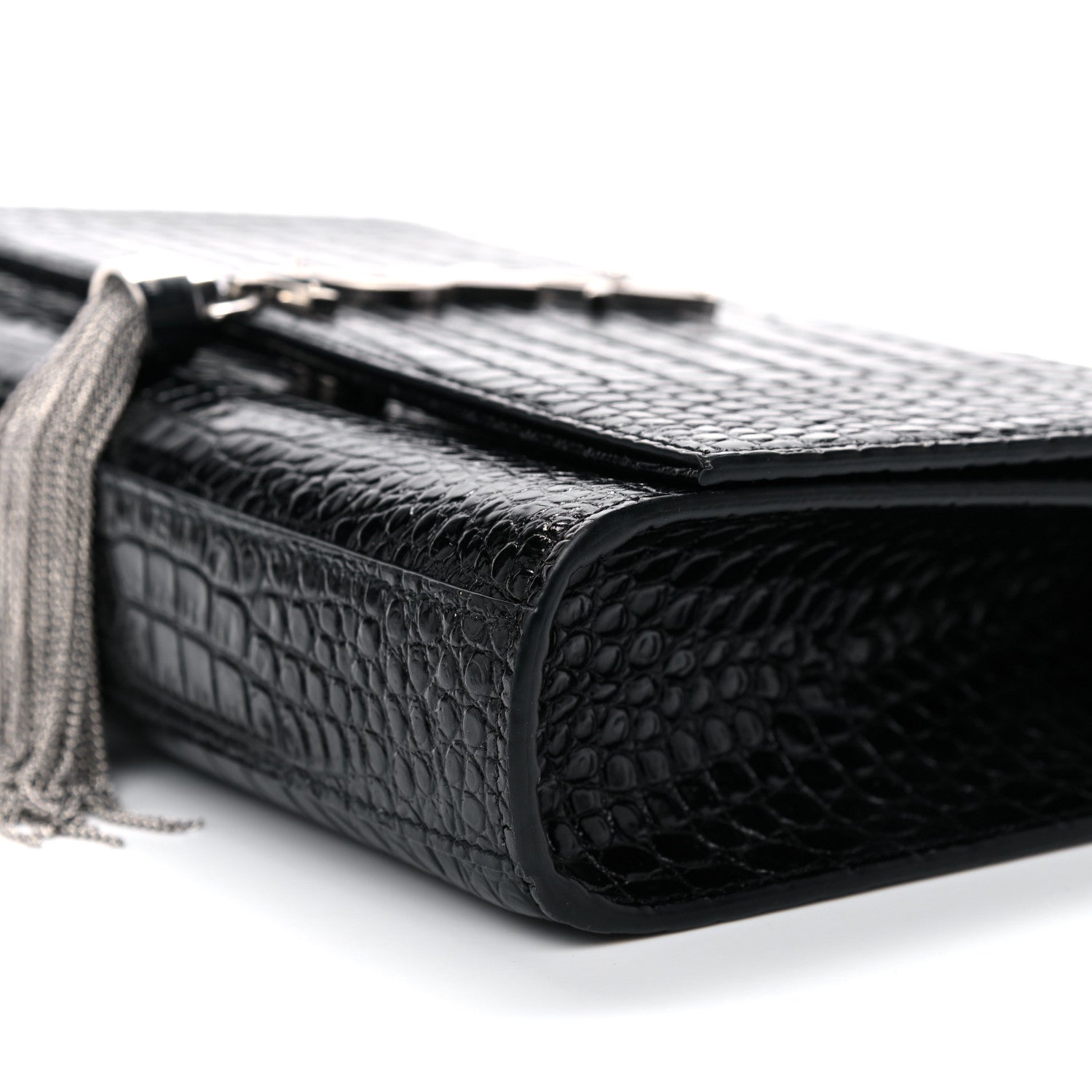 Saint Laurent Calfskin Crocodile Embossed Medium Classic Monogram Kate Tassel Satchel Black 9 of 10