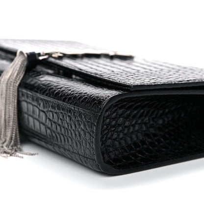 Saint Laurent Calfskin Crocodile Embossed Medium Classic Monogram Kate Tassel Satchel Black 9 of 10