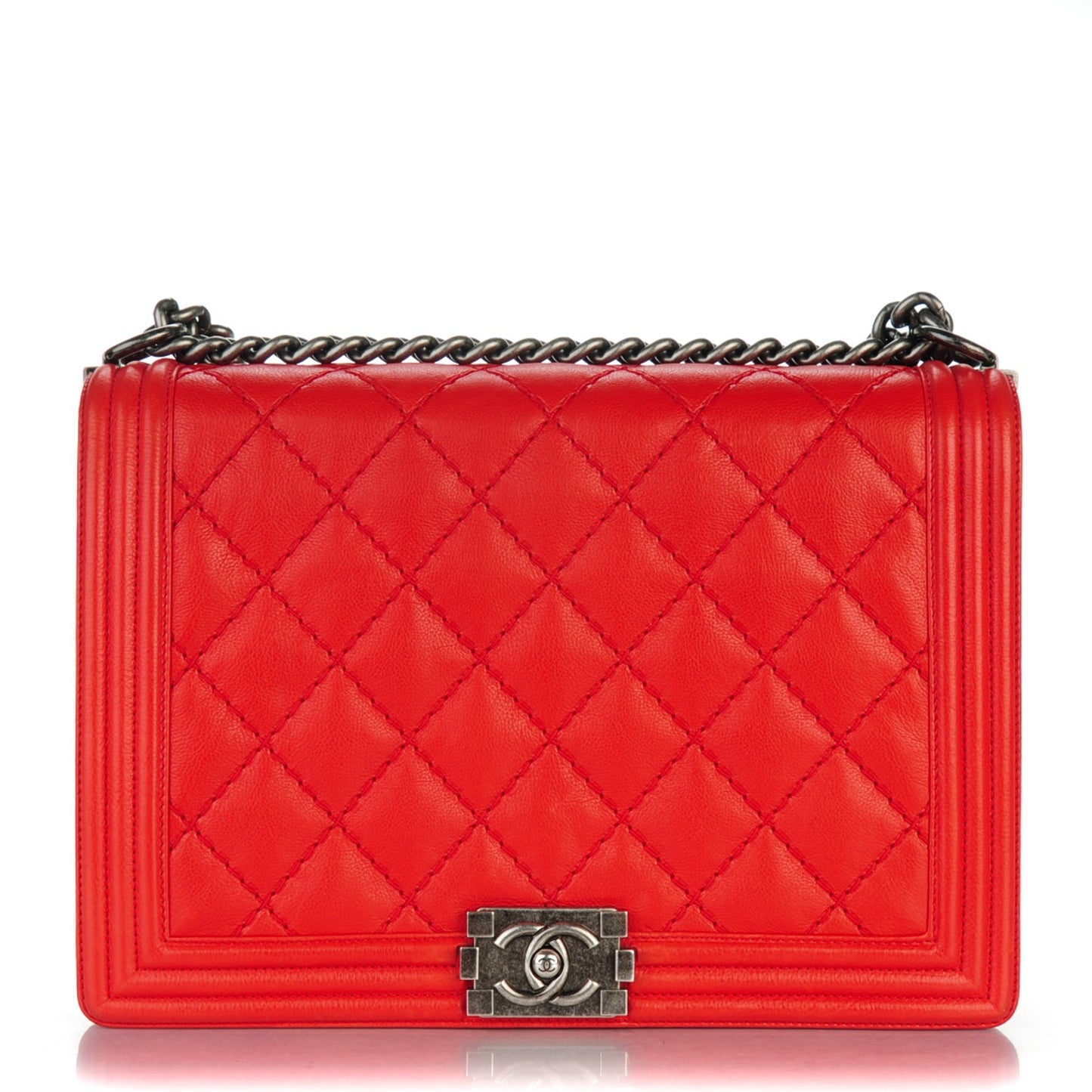 Calfskin Quilted Double Stitch Large Boy Flap Red