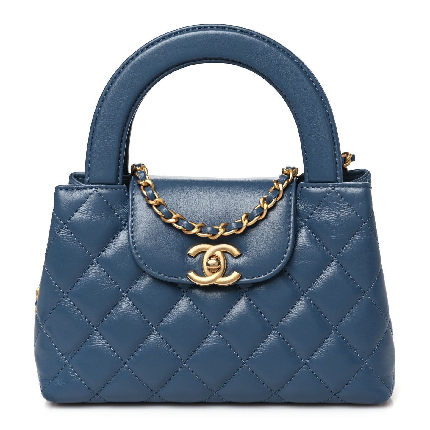 Shiny Aged Calfskin Quilted Nano Kelly Shopper Dark Blue