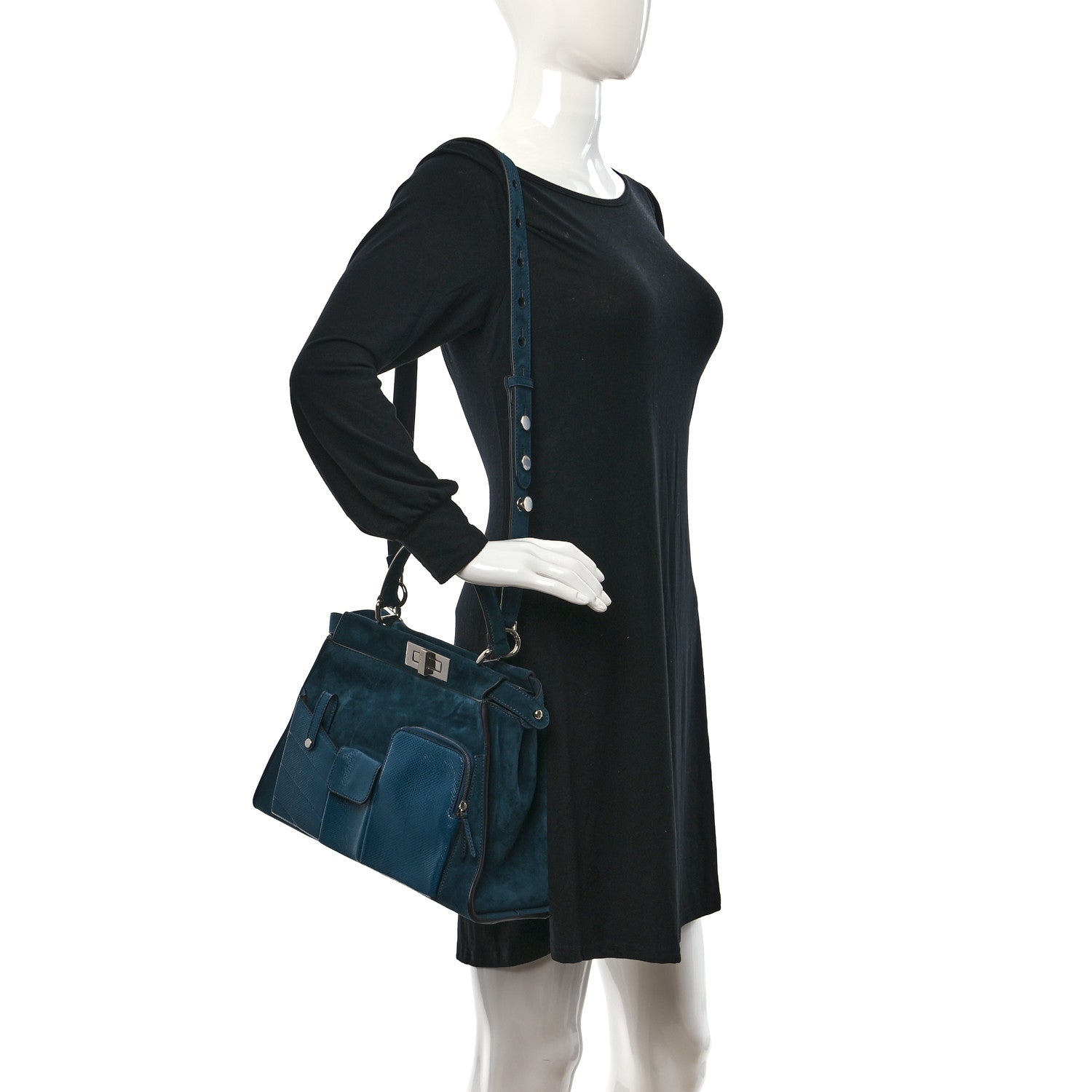 Fendi Chamois Karung Shiny Nappa Medium 3 Pocket Peekaboo Iconic Satchel Cobalto Petrolio 2 of 9