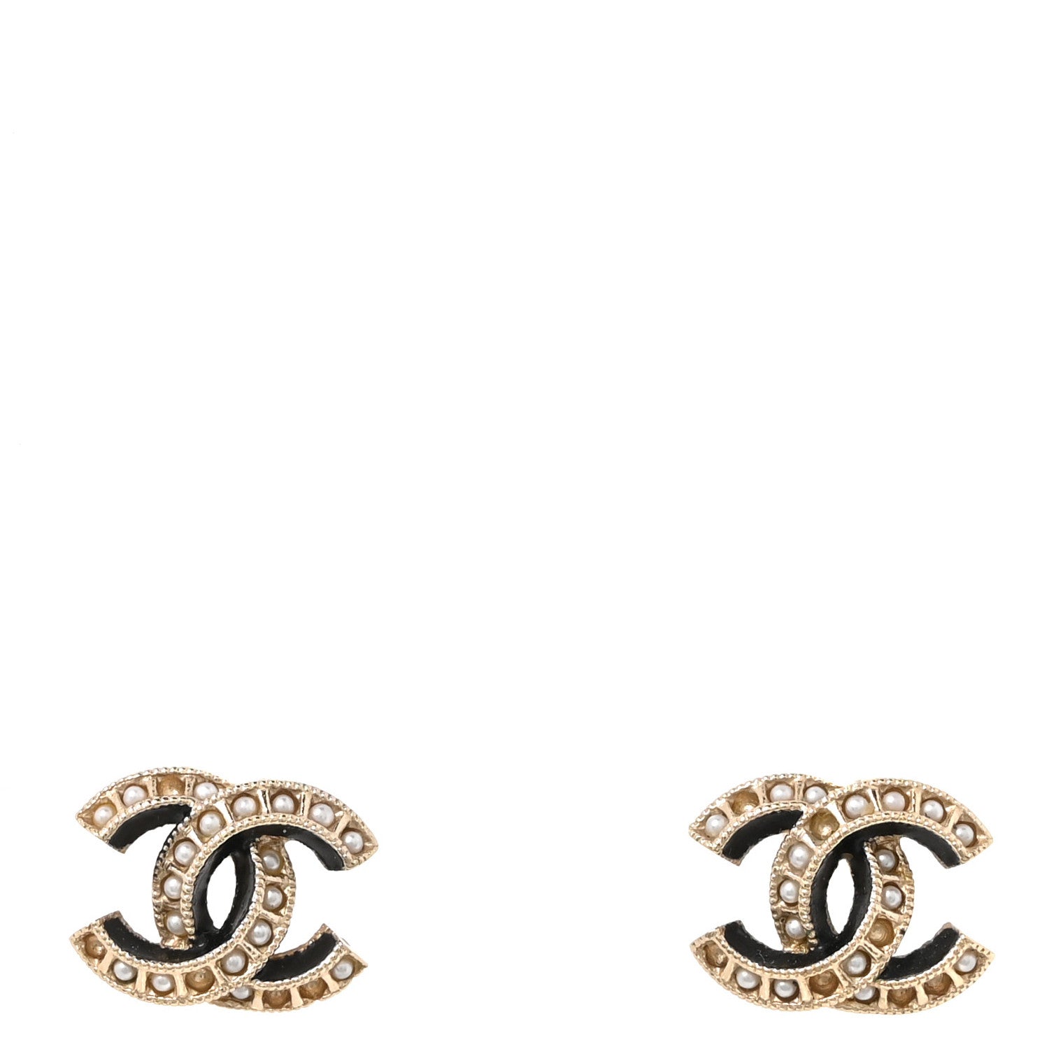 Chanel Metal Pearl Enamel CC Earrings Gold Black 1 of 5