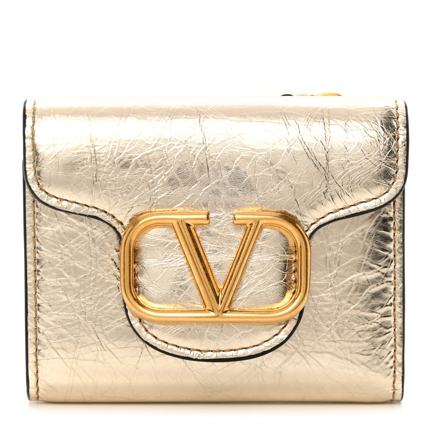 Valentino Garavani Metallic Crackle Effect Calfskin Small Loco Wallet Platino 1 of 10