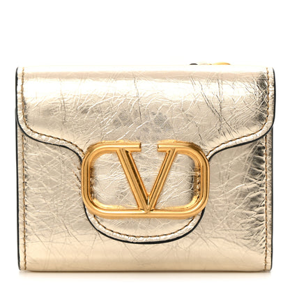 Valentino Garavani Metallic Crackle Effect Calfskin Small Loco Wallet Platino 1 of 10