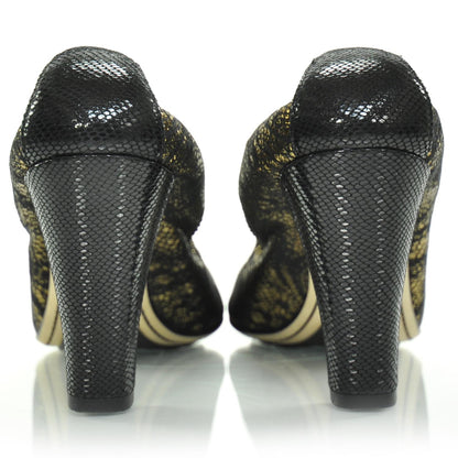 Chanel Snakeskin Embossed Cap Toe Lace Overlay Elastic Heels 38.5 3 of 9