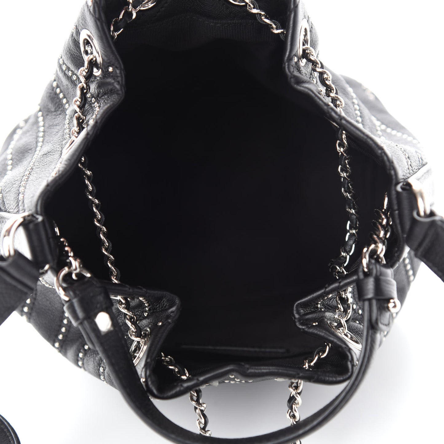 Calfskin Studded Chevron Quilted Stud Wars Drawstring Bag Black