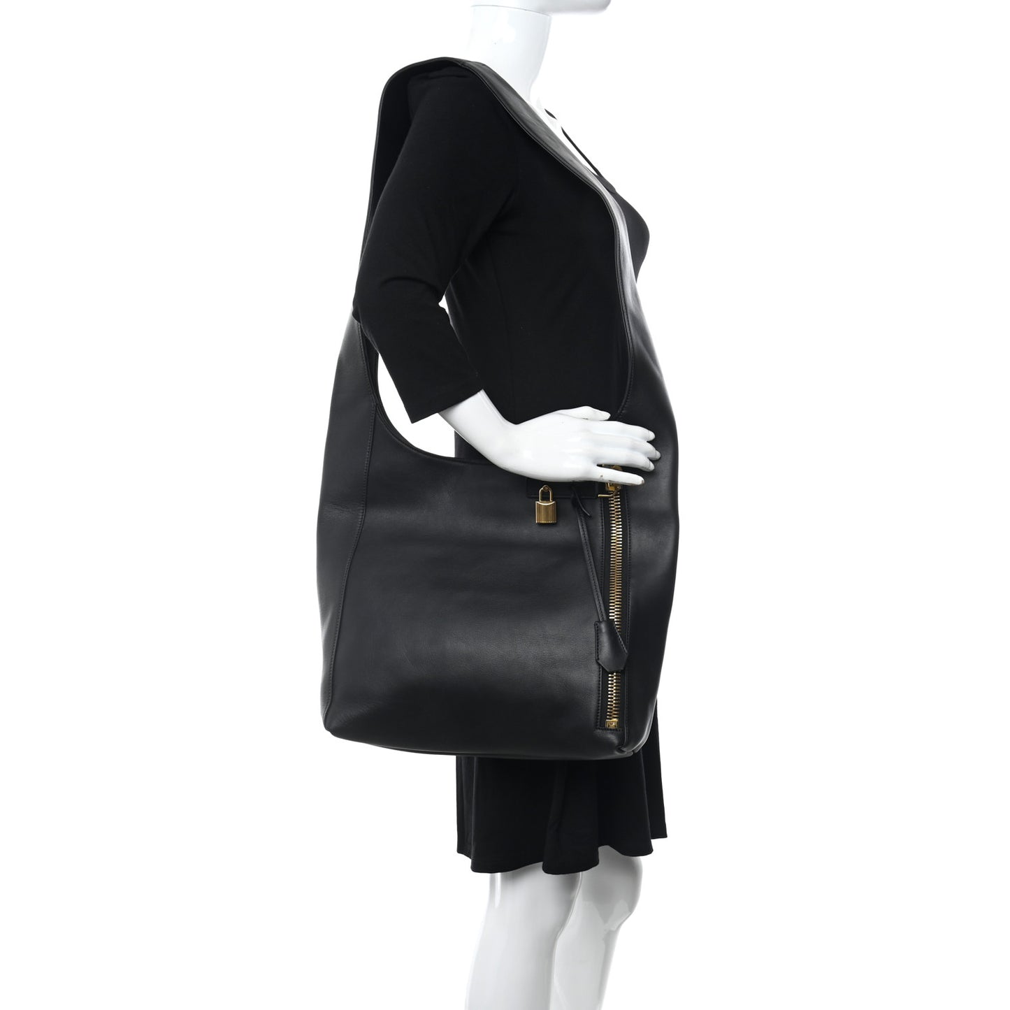 Calfskin Large Alix Padlock Zip Hobo Crossbody Bag Black