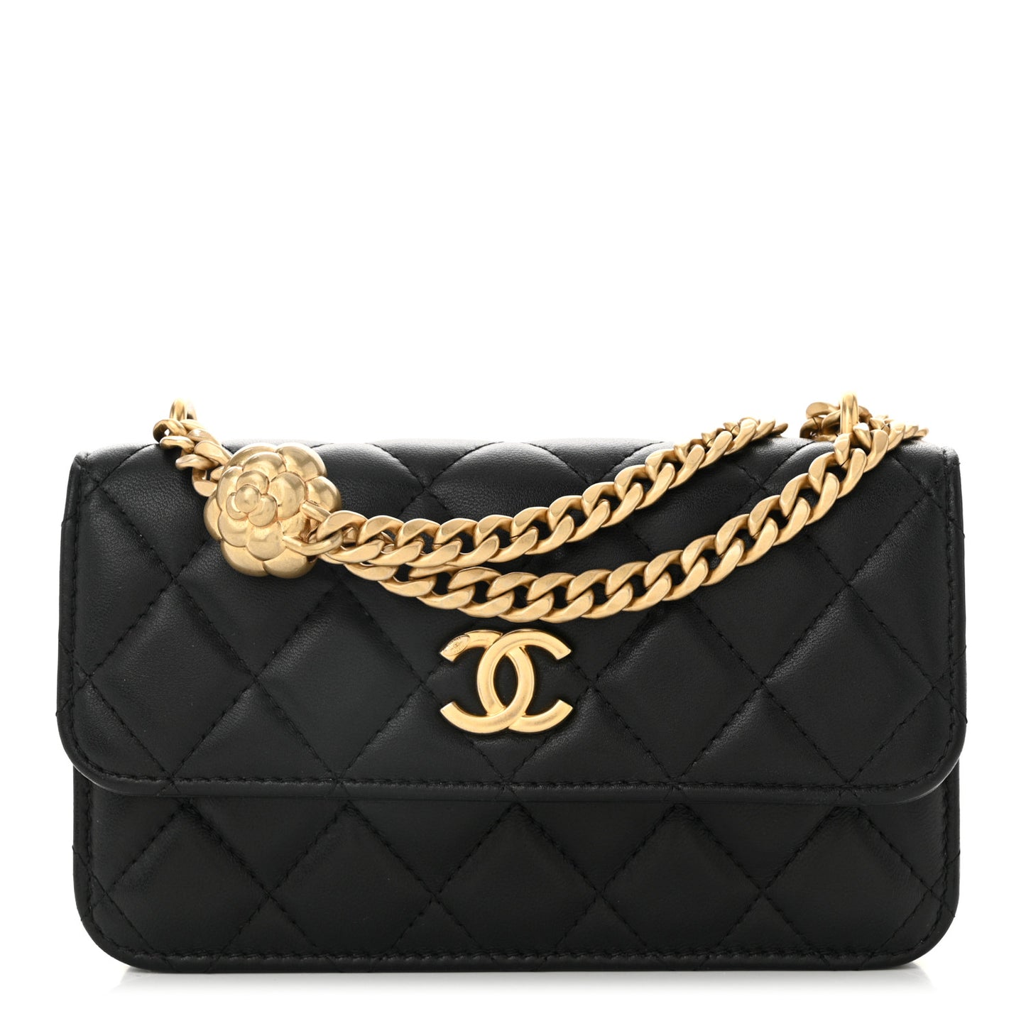 Lambskin Quilted Sweet Camellia Flap Phone Holder With Chain Black