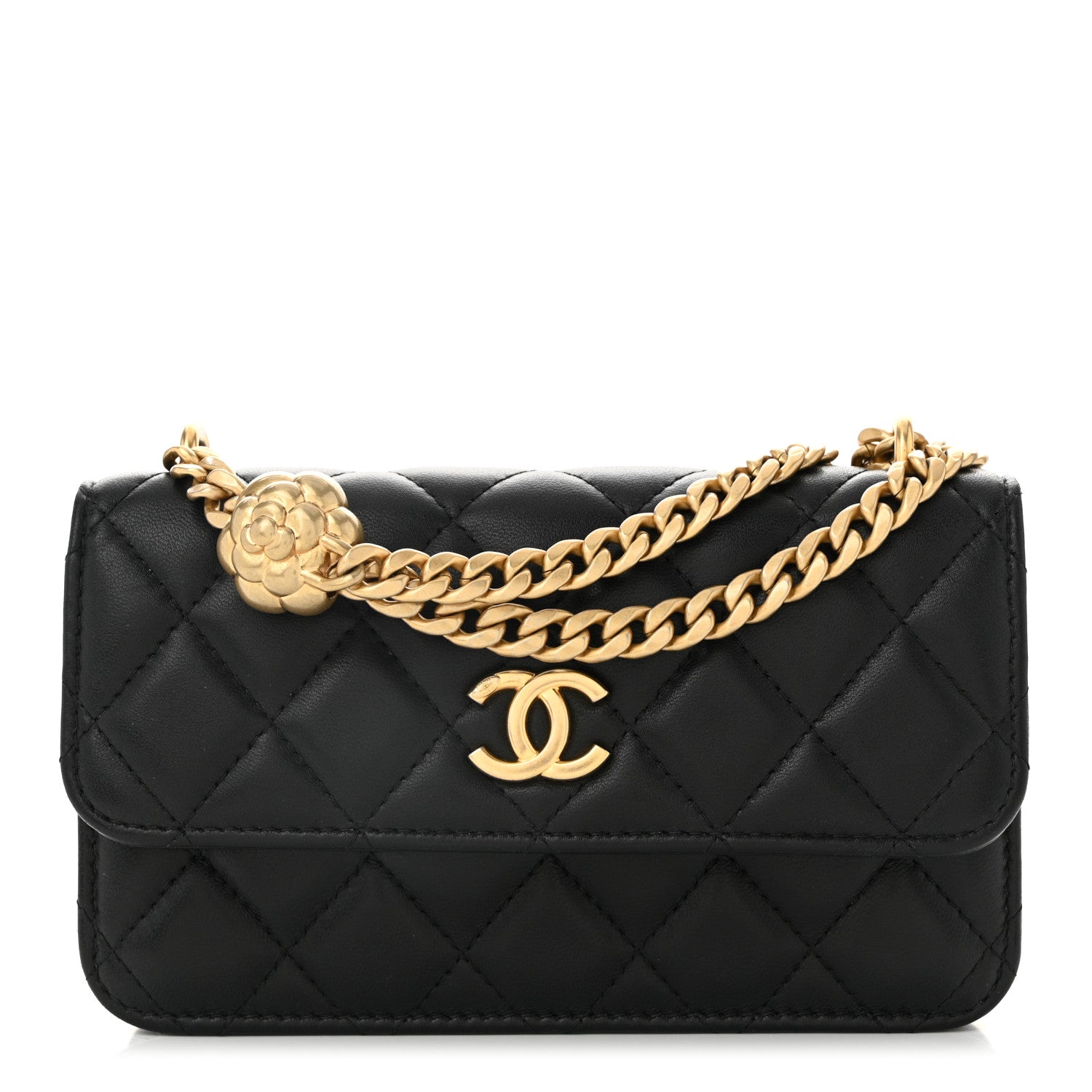 Chanel Lambskin Quilted Sweet Camellia Flap Phone Holder With Chain Black 1 of 12