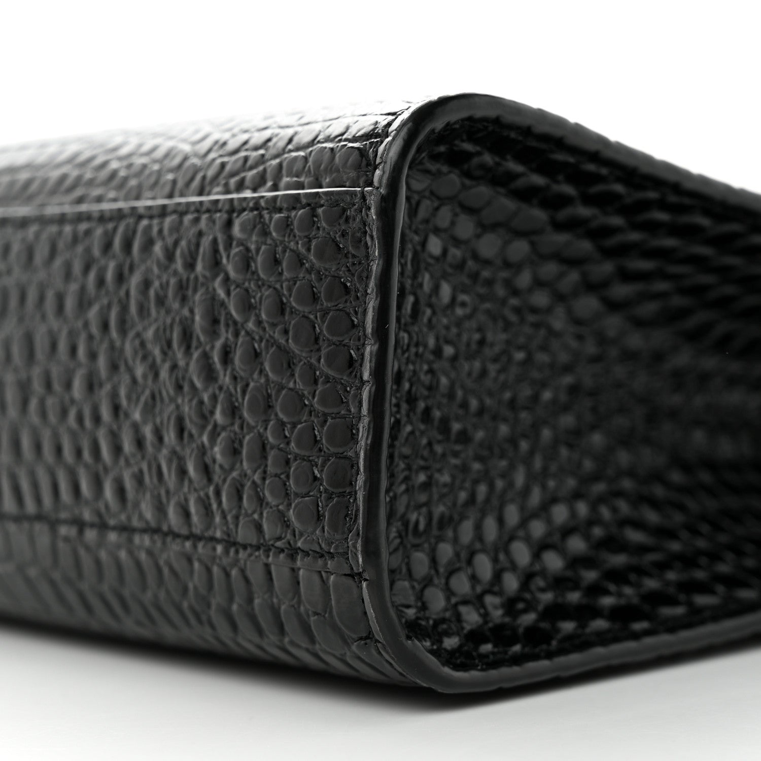 Saint Laurent Shiny Calfskin Crocodile Embossed Manhattan Baguette Black 10 of 12