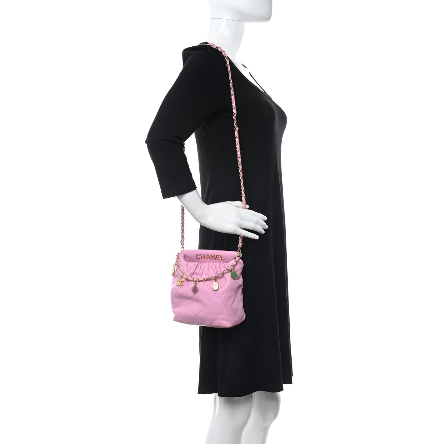 Lambskin Resin Quilted Small Bucket Bag Pink