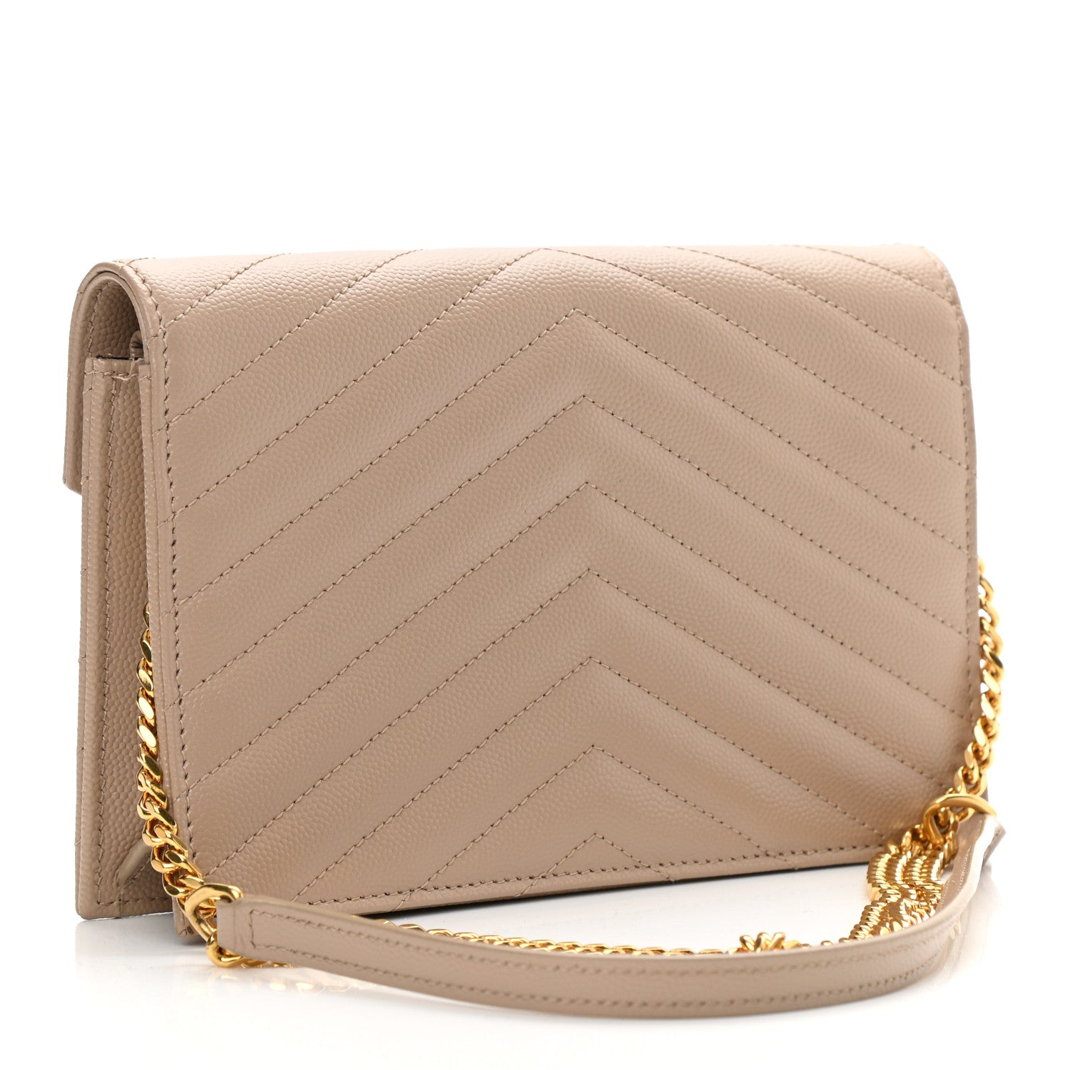 Saint Laurent Grain De Poudre Matelasse Chevron Monogram Envelope Chain Wallet Dark Beige 3 of 10