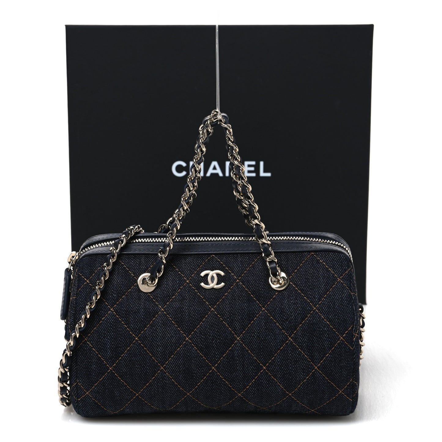 Denim Quilted Barrel Clutch With Chain Dark Blue Orange