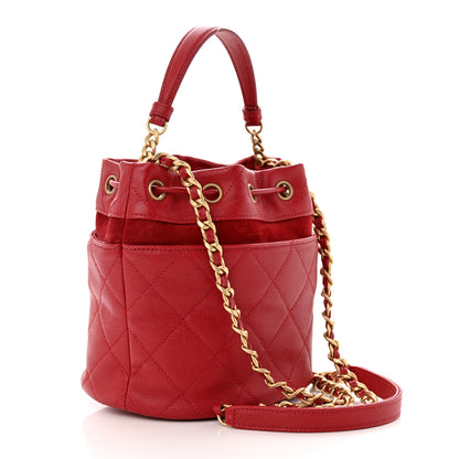 Chanel Caviar Suede Quilted Drawstring Bucket Bag Dark Red 3 of 11