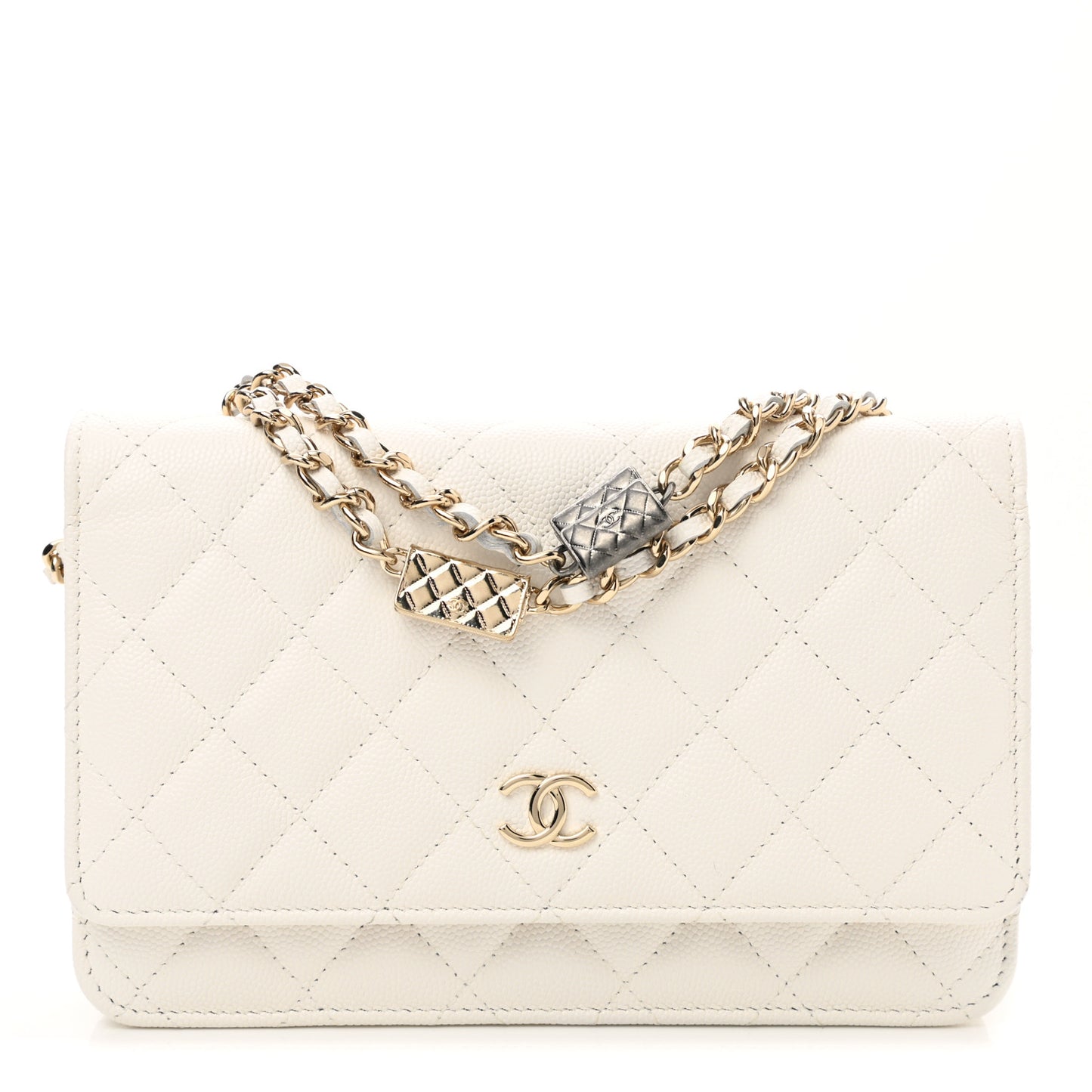 Caviar Quilted Wallet With Charms On Chain WOC White