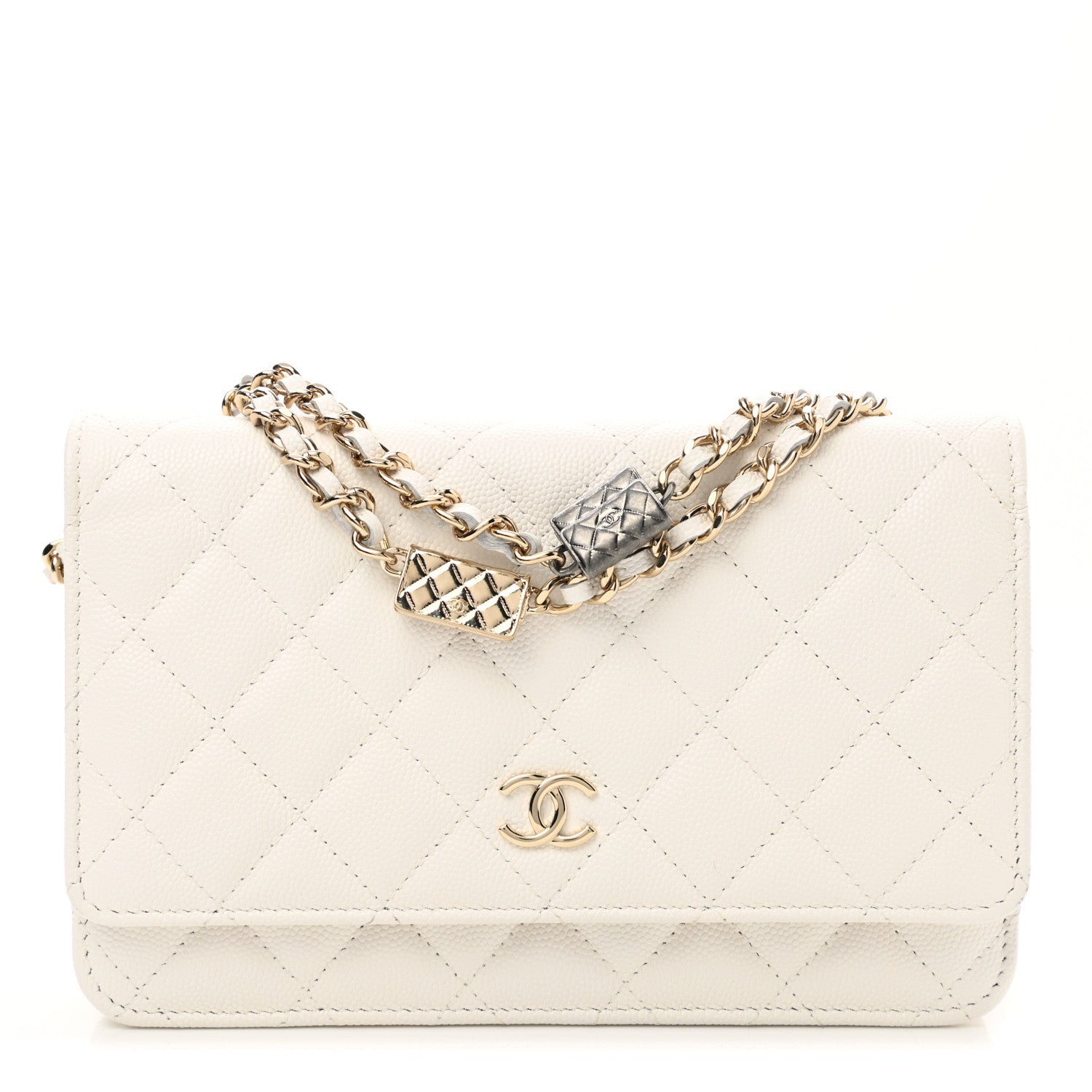 Chanel Caviar Quilted Wallet With Charms On Chain WOC White 1 of 12