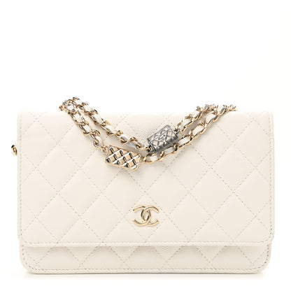 Chanel Caviar Quilted Wallet With Charms On Chain WOC White 1 of 12