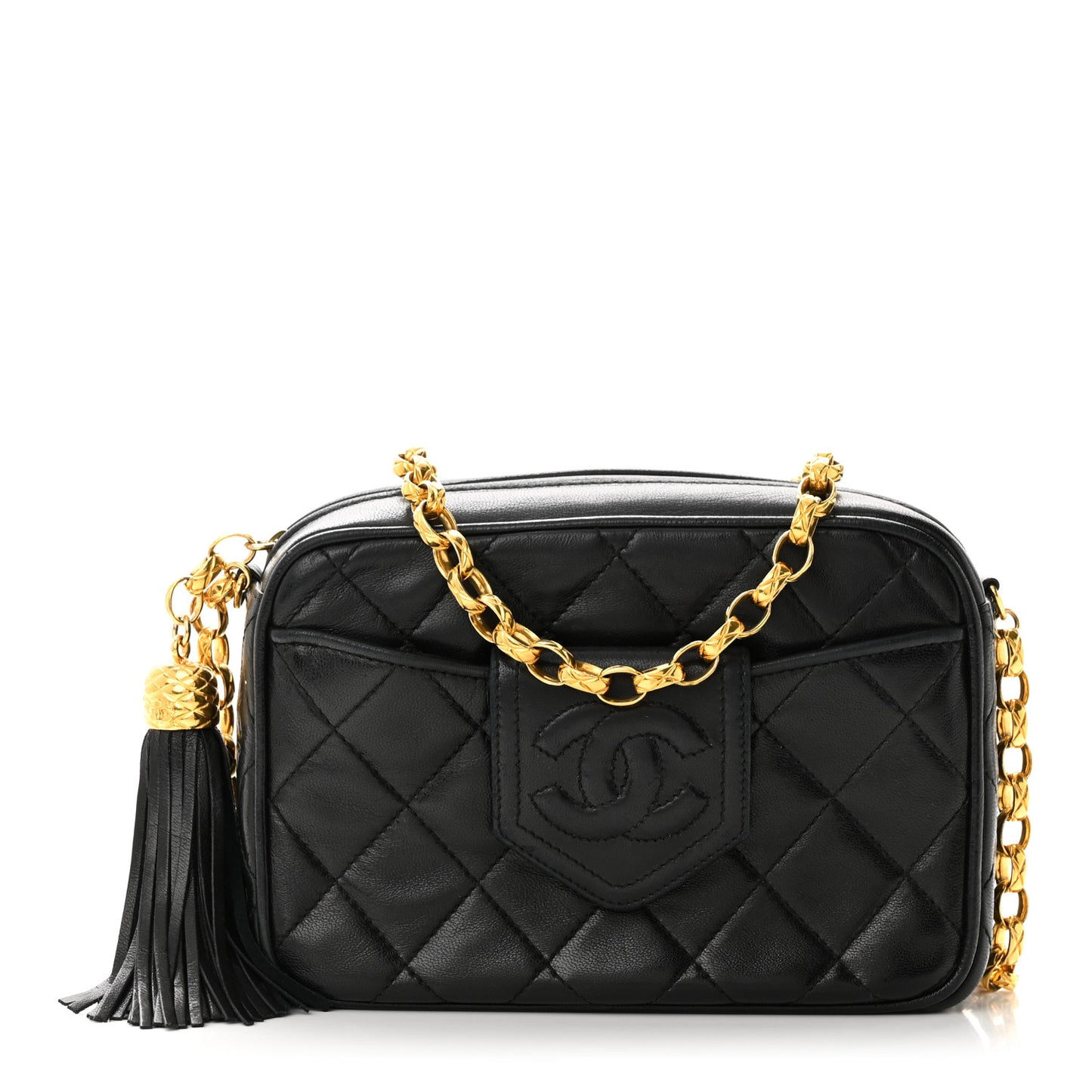 Lambskin Quilted Tassel Camera Case Black