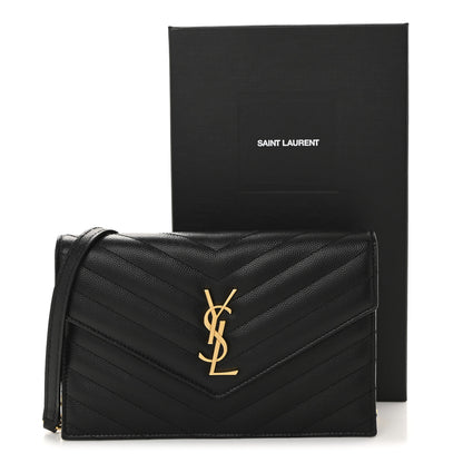 Saint Laurent Grain De Poudre Matelasse Chevron Monogram Envelope Chain Wallet Black 12 of 12