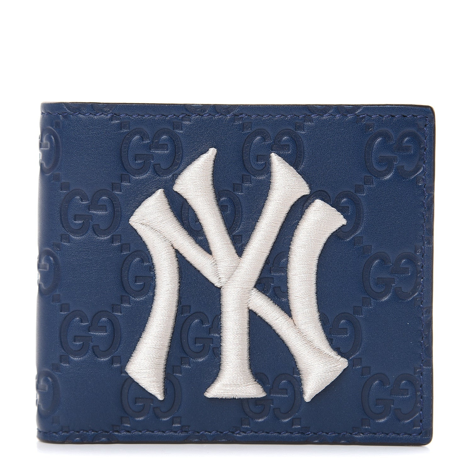 Gucci X MLB Guccissima Signature NY Yankees Embroidered Bi-Fold Wallet Royale Ivory 1 of 9
