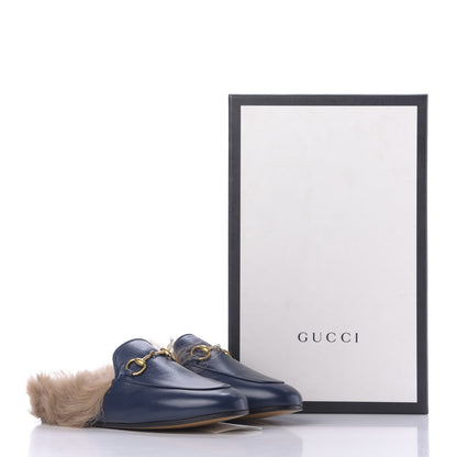 Gucci Malaga Kid Fur Womens Princetown Slippers 34.5 Blue Agata 9 of 9