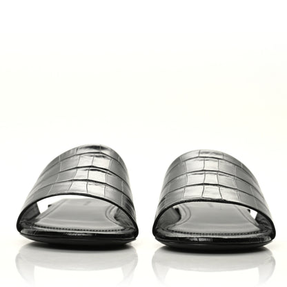 Balenciaga Calfskin Logo Crocodile Embossed Box 5mm Slide Sandals 37 Black White 2 of 10