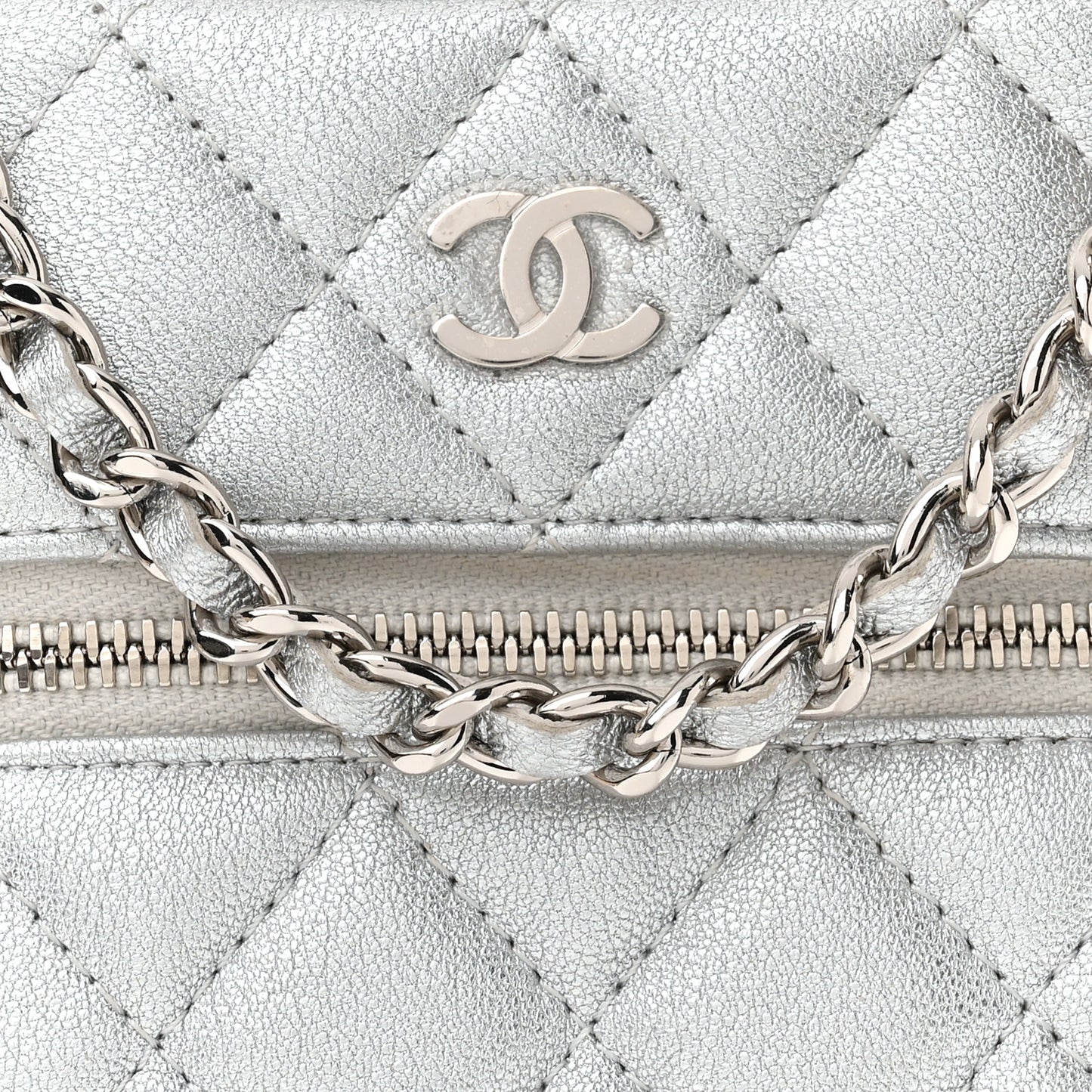 Metallic Lambskin Quilted Phone Holder With Chain Silver