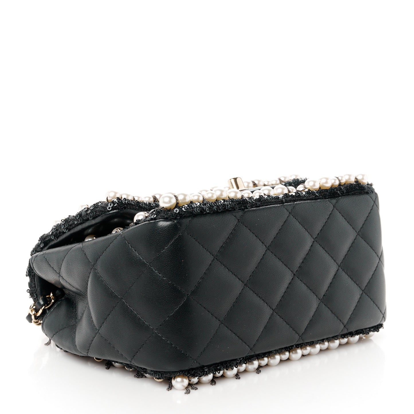 Lambskin Sequin Pearl Chain Fringe Mini Flap Black