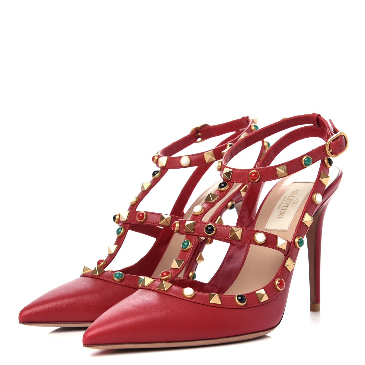 Calfskin Rockstud Rolling Ankle Strap 100mm Pumps 37.5 Rosso Valentino