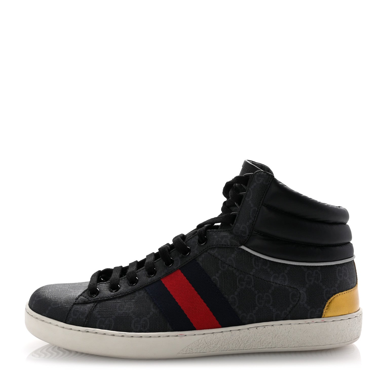 Gucci Calfskin Nylon Web Monogram Mens Ace High Top Sneakers 10 Black 1 of 11