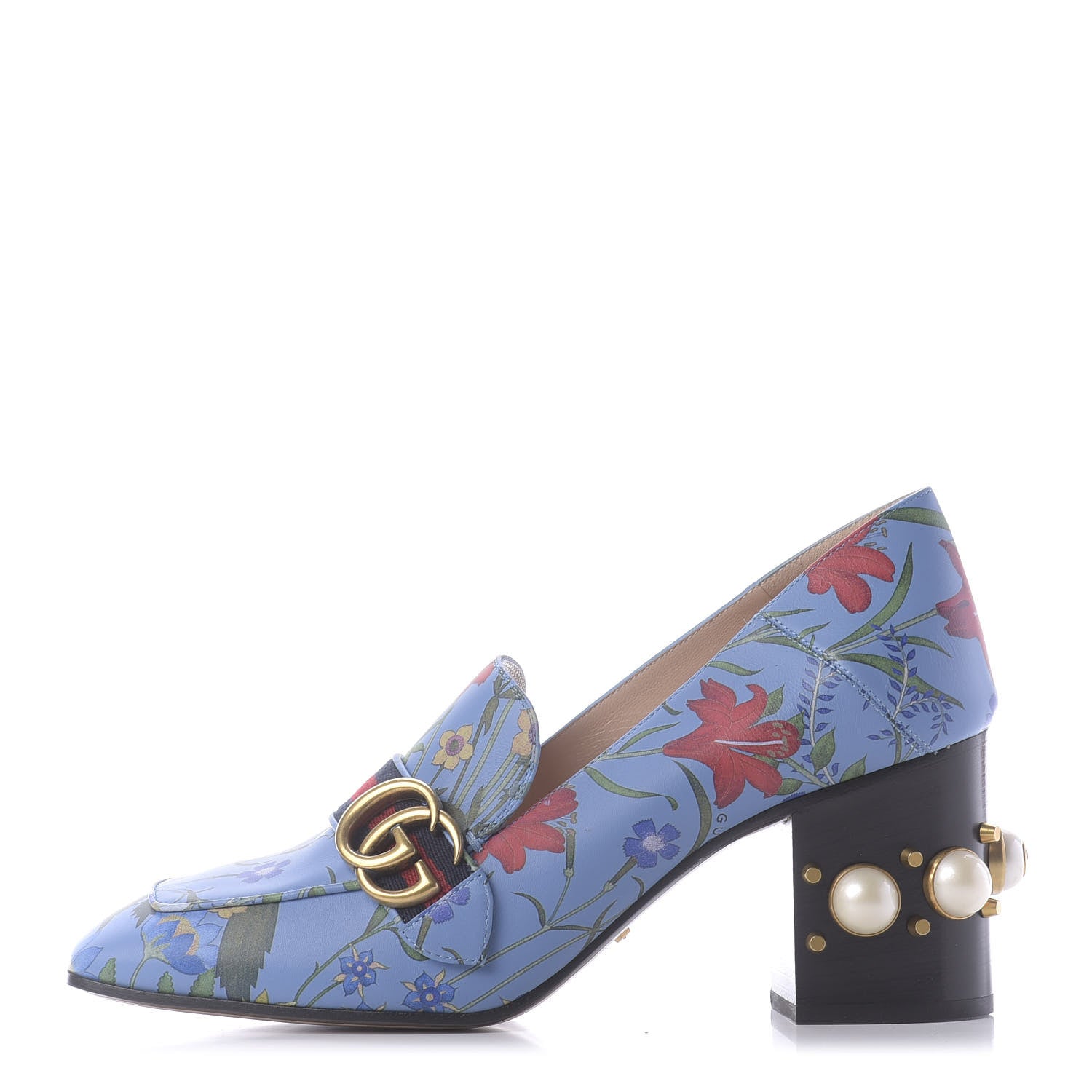 Gucci Apollo Calfskin Web Pearl New Flora Peyton 75mm Loafer Pumps 40.5 Azure 1 of 12