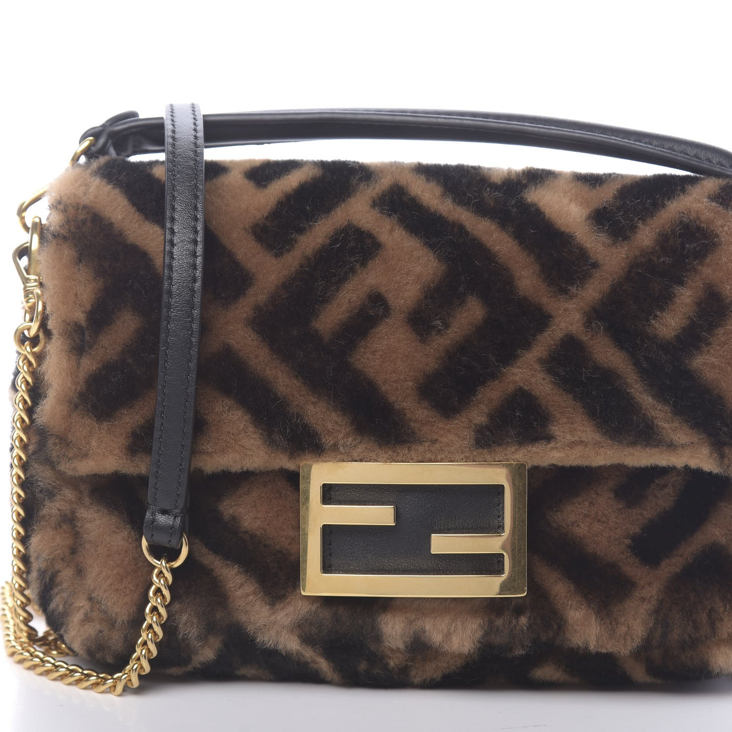 Shearling Vitello Dolce Macro FF 1974 Mini Baguette Tobacco Black