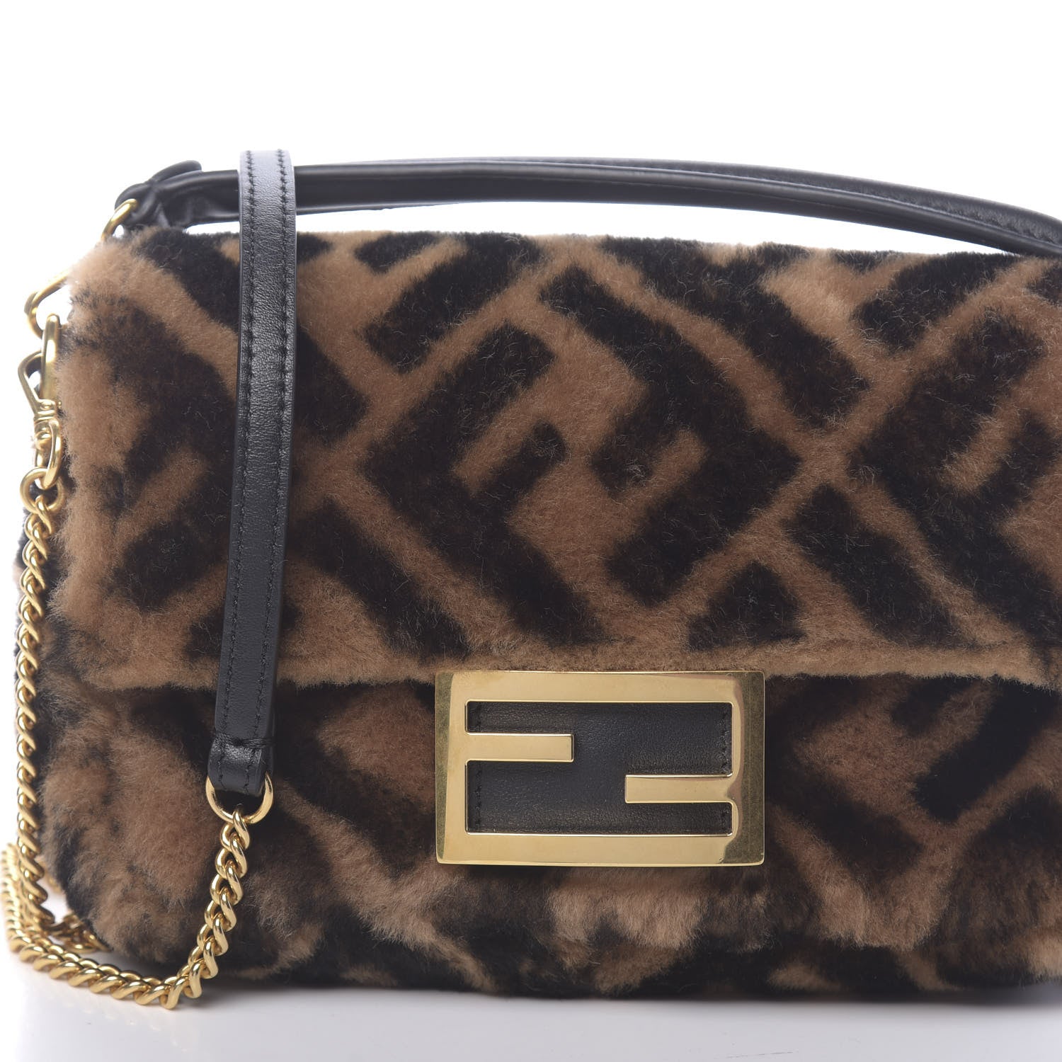 Fendi Shearling Vitello Dolce Macro FF 1974 Mini Baguette Tobacco Black 10 of 11
