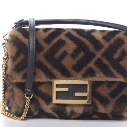 Fendi Shearling Vitello Dolce Macro FF 1974 Mini Baguette Tobacco Black 10 of 11
