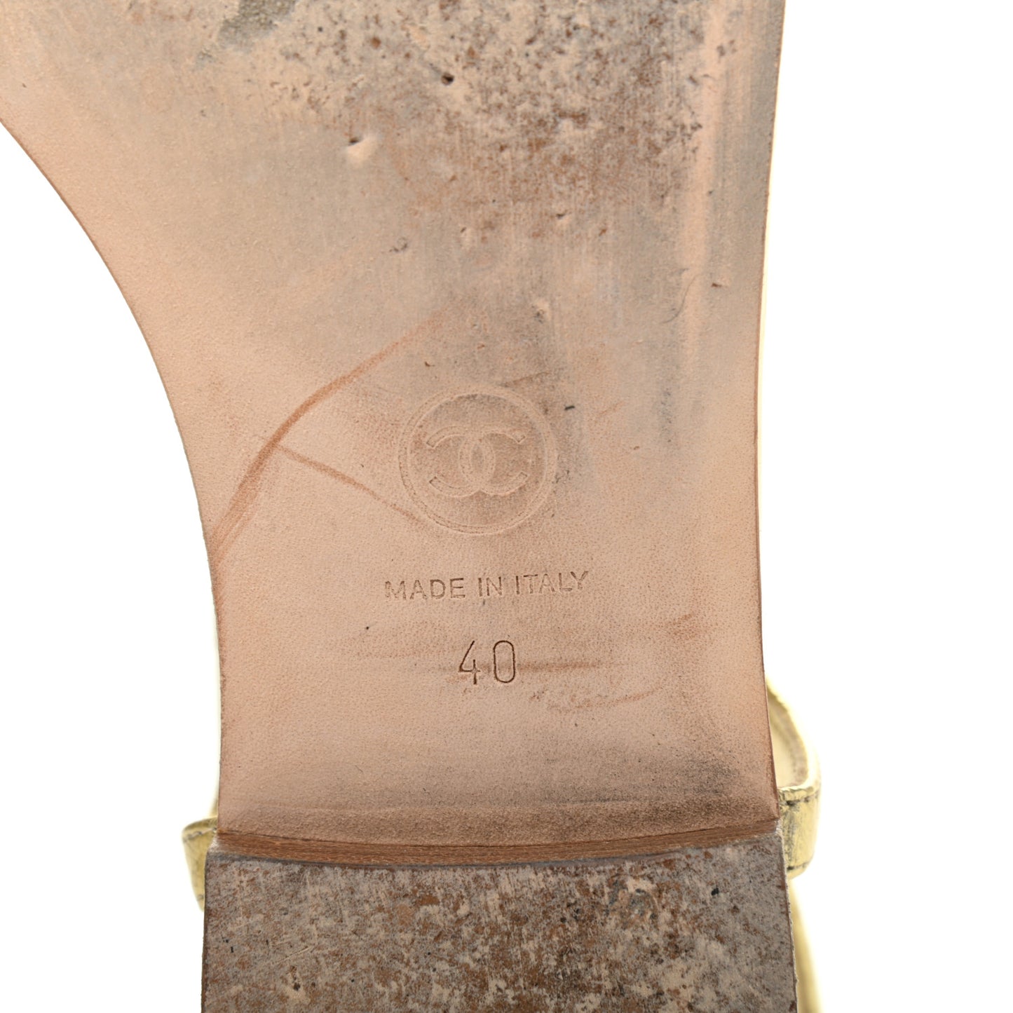 Aged Metallic Calfskin Pearl CC Charm Thong Sandals 40 Gold