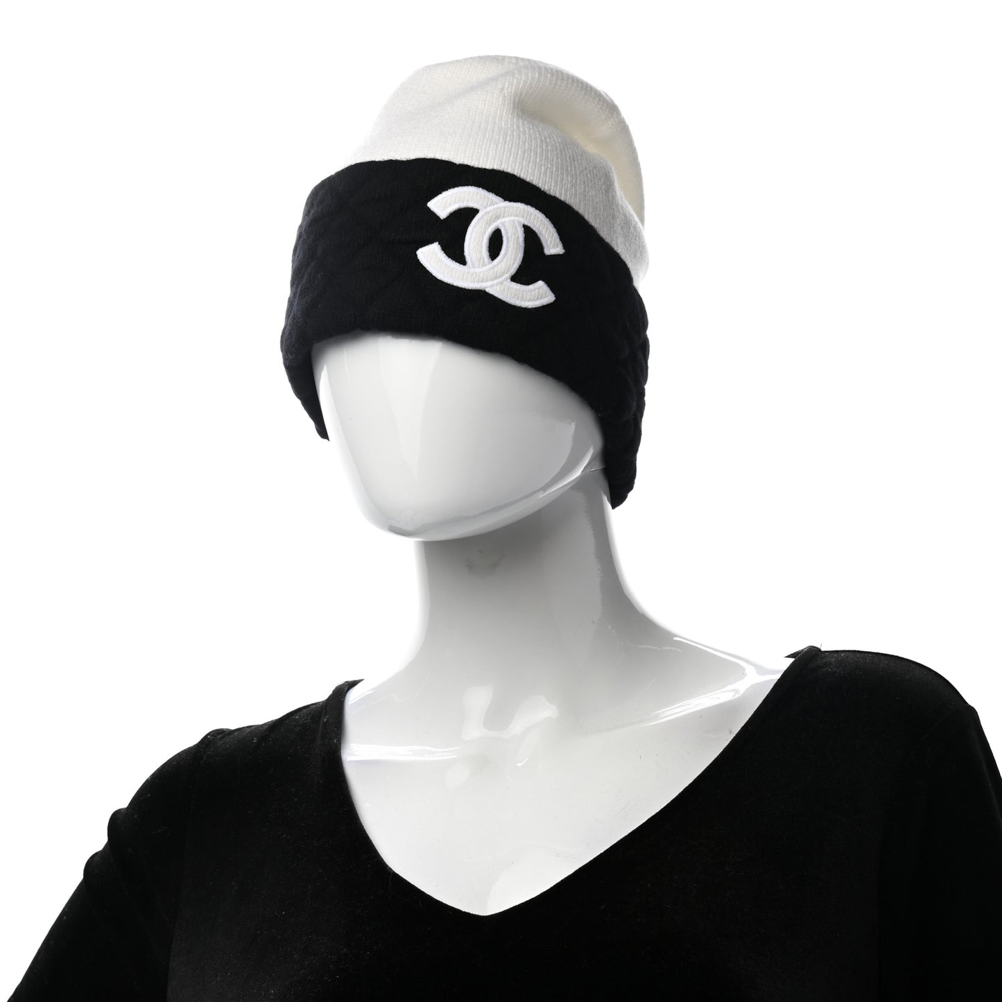 Cashmere Quilted CC Beanie Hat White Black